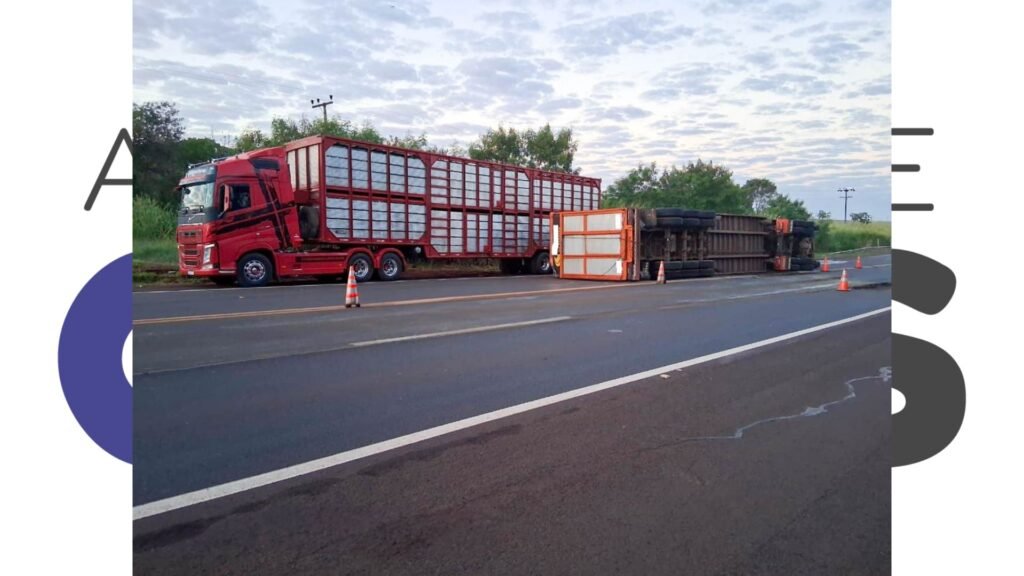 Carreta com carga de gado tomba na SP-266, em Florínea. Motorista está em estado grave e foi transferido ao Hospital Regional de Assis.