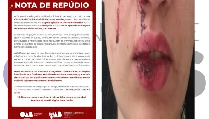 OAB Assis repudia agressão a advogada por ex-marido bombeiro militar e cobra responsabilização. Entidade oferece apoio jurídico e institucional à vítima.